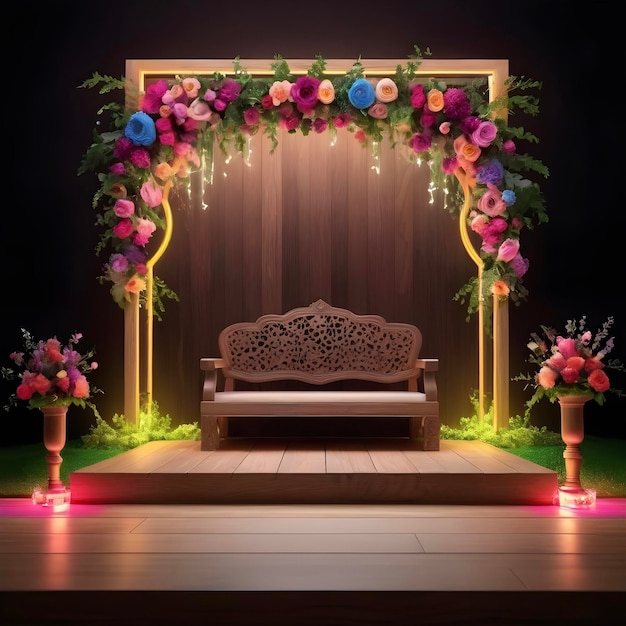 Ночной цветочный приют деревянный диван, украшенный неоном и красочными цветочными украшениями роскошная деревянная сцена