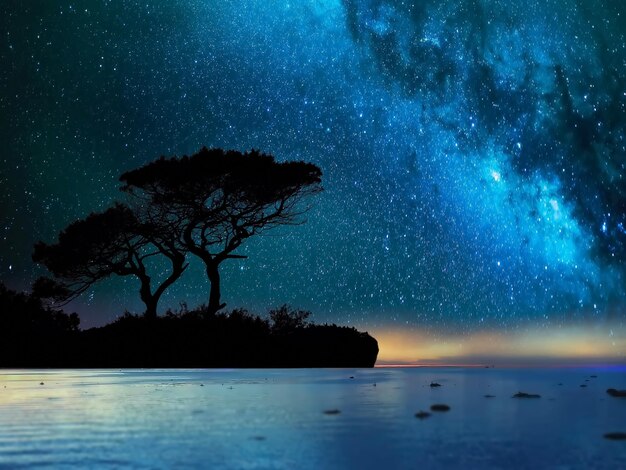 Night blue starry sea sky nebula cloudy dranatic seascape