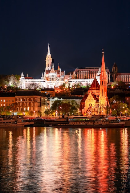 Night Budapest, Fisherman's Bastion, reflection of night lights on the water, cityscape