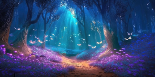Night butterflies dancing in moonlight over mysterious path in enchanted night forest generative ai illustration
