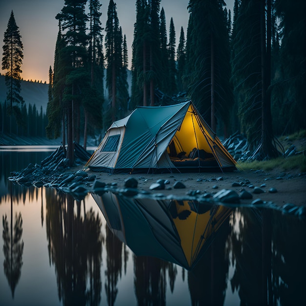 Ночной лагерь с палаткой, огнем, деревьями, озером и горами на заднем плане