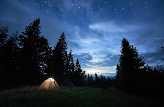 Night camping in forest under beautiful starry sky