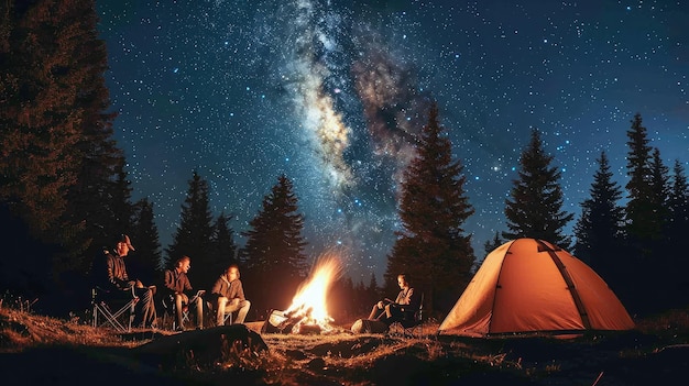 写真 銀河系の星の魔法の空の下で 松の森の明るい火の近くで 夜のキャンプ 4人の友人のグループが一緒に座っています