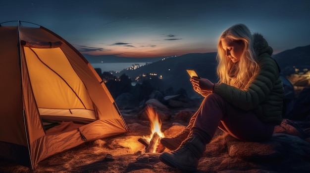 night camping smiling woman using phone near fire and tent