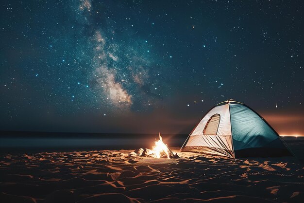 Night camping under the stars with tent and campfire on the beach