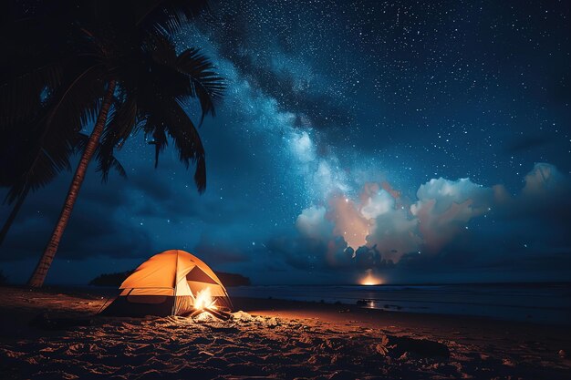 Night camping under the stars with tent and campfire on the beach