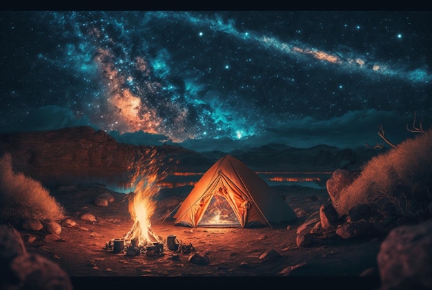 Night camping with bonfire and tent under clear starry sky and milky way generative ai