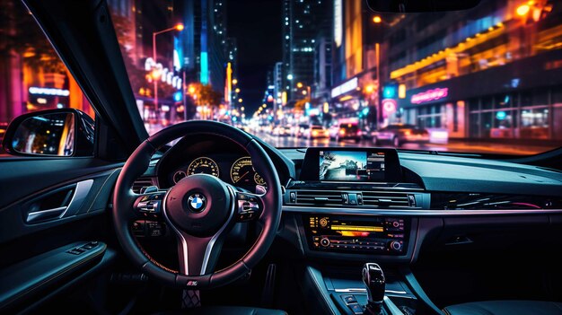 Night car driving downtown colorful on city streets like colorful flashes flash light Generate AI