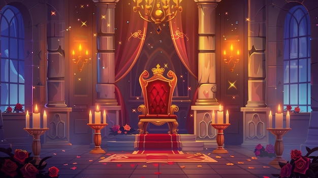 At night a castle hall room with a throne is depicted with a cartoon kingdom interior featuring a royal red and gold seat on a pedestal a carpet and curtain stone columns a chandelier and