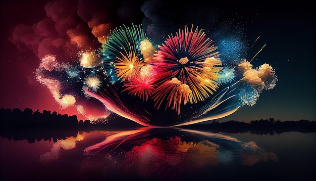 Night celebration with fireworks exploding in multi colored backgrounds generative AI