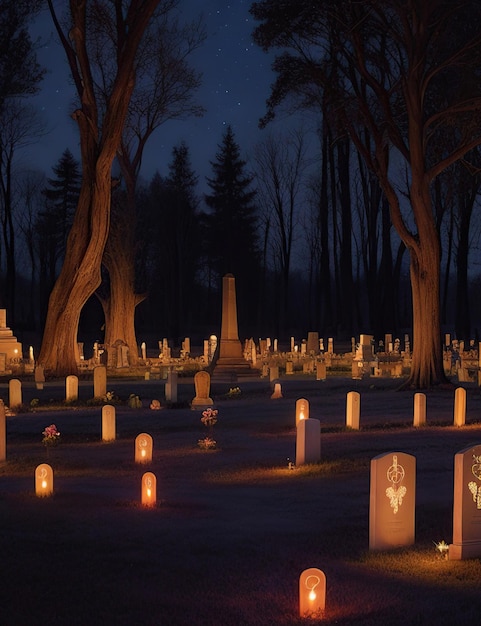 Night cemetery decorated with candles and lights