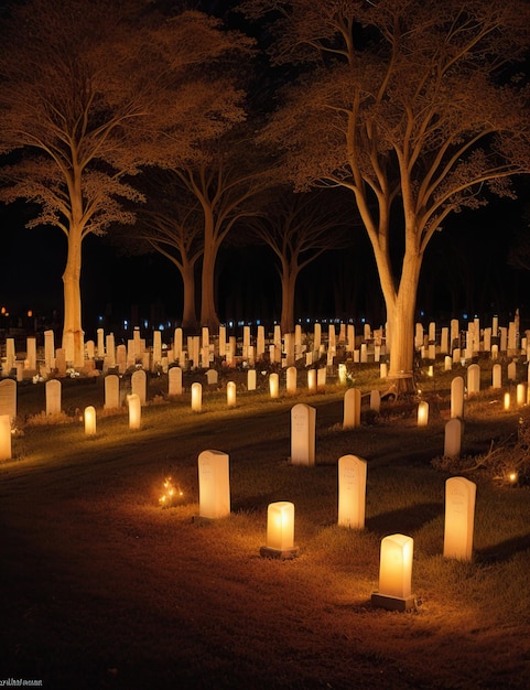 Ночное кладбище, украшенное свечами и огнями.