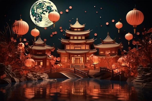 night chinese ancient buildings are illuminated by a full moon design for chinese new year