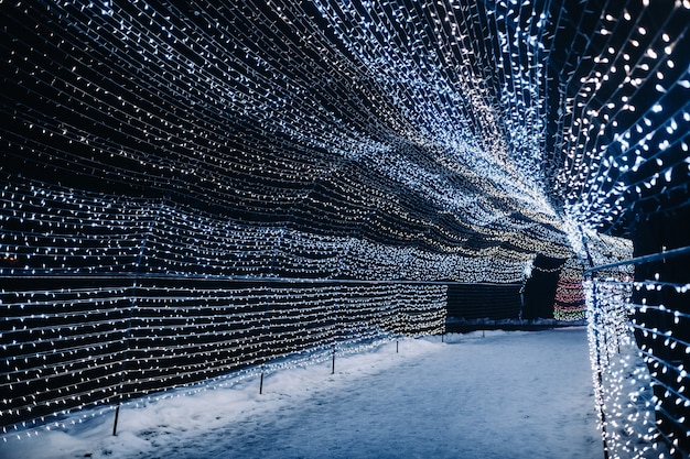 夜のクリスマスライトは通りの街で美しく装飾されています