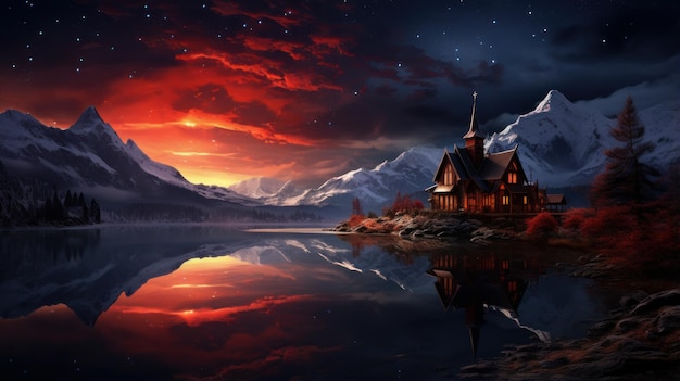 夜の山の湖畔の教会