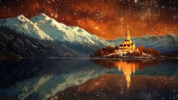夜の山の中の湖の岸にある教会