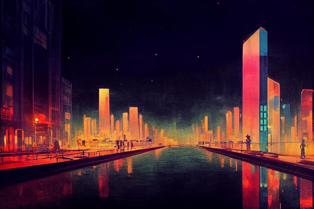 Night city background neon lights of the metropolis digital art noir colorful comic Generative AI