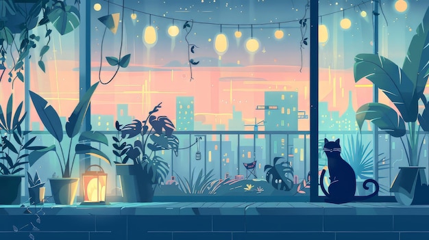 Фото Ночной городской балкон с кошками и растениями уютная городская вечерняя сцена иллюстрация