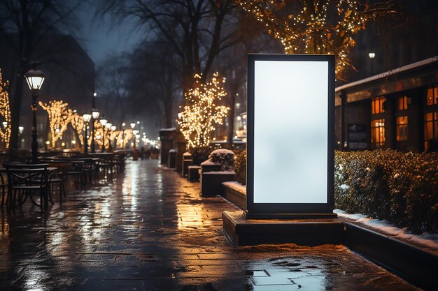 Night city blank street billboard poster stand mockup Christmas outdoors lighting white