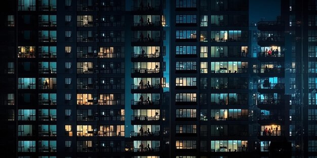 окна зданий ночного города с размытым светом и силуэтом людей