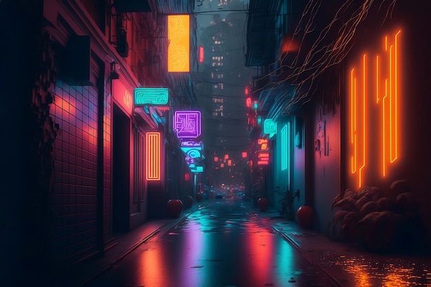 Night city Cyber punk landscape concept Light glowing on dark scene Night life Generative AI