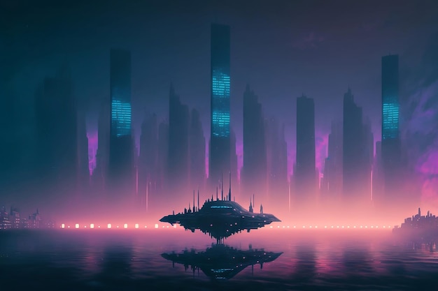 Night city Cyber punk landscape concept Light glowing on dark scene Night life Generative AI