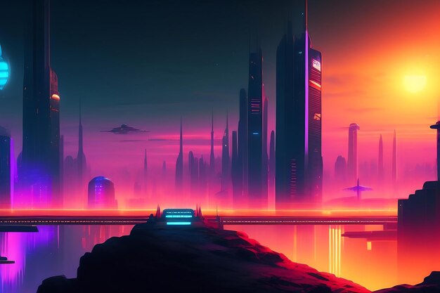 Night city cyberpunk landscape concept