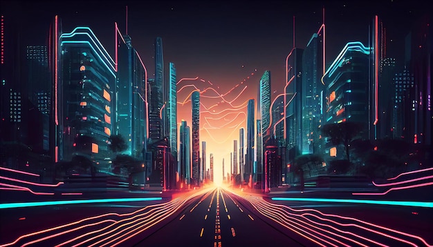 Night city illuminated with neon glowing lights concept Futuristic cityscape in blue and violet colors with skyscrapers highway background Generative AI