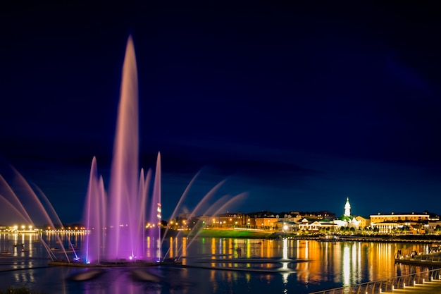 Night city is reflected in the lake, night Kazan