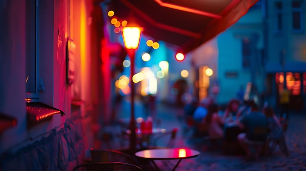 night city life cafe where people relaxing under tent neon blurred street lamp light Generative AI