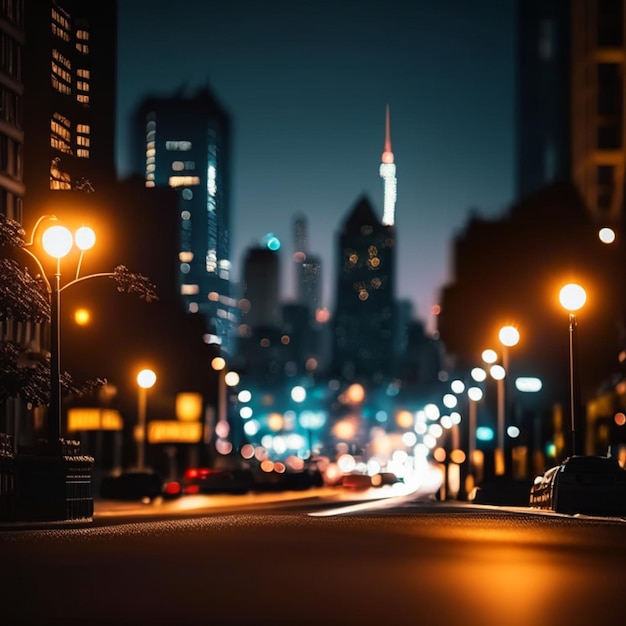 Night city life with street lamps and bokeh blurred lights effect vector beautiful background