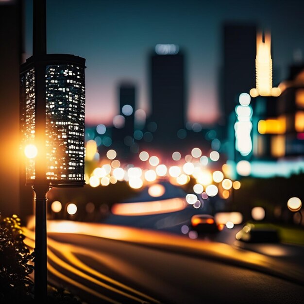 Photo night city life with street lamps and bokeh blurred lights effect vector beautiful background