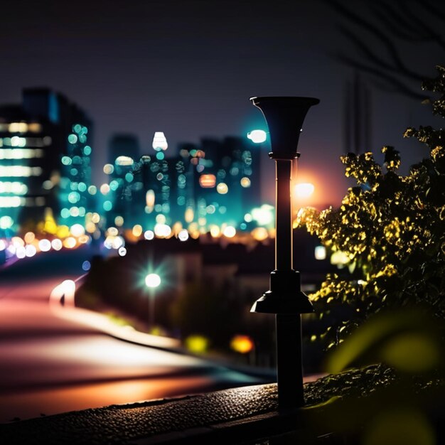 Night city life with street lamps and bokeh blurred lights effect vector beautiful background