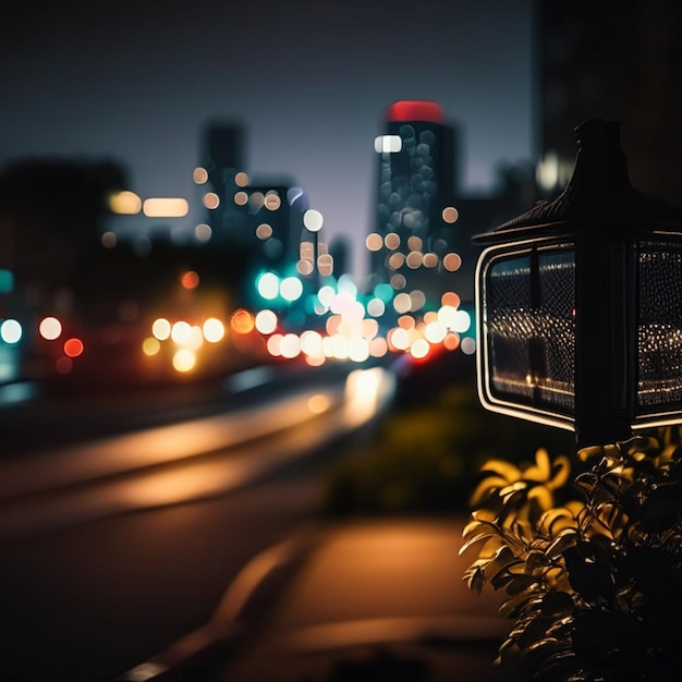 Night city life with street lamps and bokeh blurred lights effect vector beautiful background