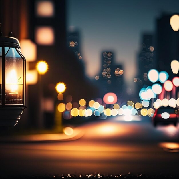 Night city life with street lamps and bokeh blurred lights effect vector beautiful background