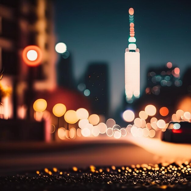 Night city life with street lamps and bokeh blurred lights effect vector beautiful background