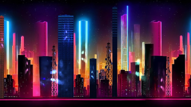 night city neon lght modern buildings panorama urban banner background template