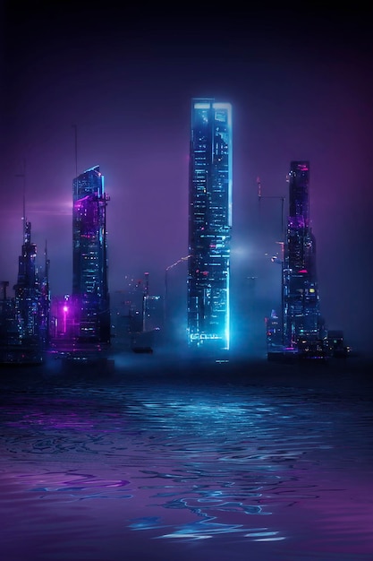 Night city neon lights of the metropolis Reflection of neon lights in the water Modern city with highrise buildings Night street scene city on the ocean 3D illustration