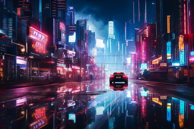Premium AI Image | night city neon lights of the metropolis reflection ...
