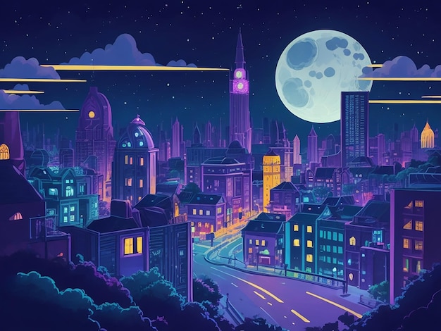 Мультяшная иллюстрация ночного города фиолетового тона