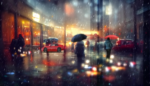 night city rainy weather blurred light people walk with umbrellas car traffic and building windows