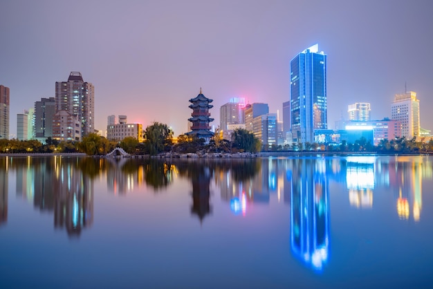 At night, the city skyline is in Taiyuan, Shanxi Province, China