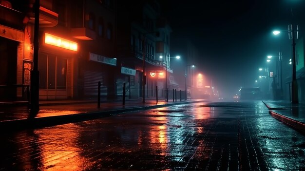 写真 ⁇ れた歩道と車で霧の日の夜の街路