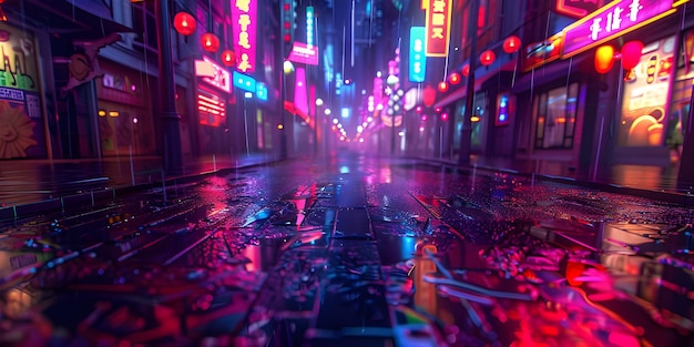 Night city street with neon lights reflected in the puddle Ai Generated