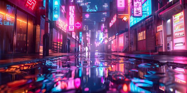 Night city street with neon lights reflected in the puddle Ai Generated