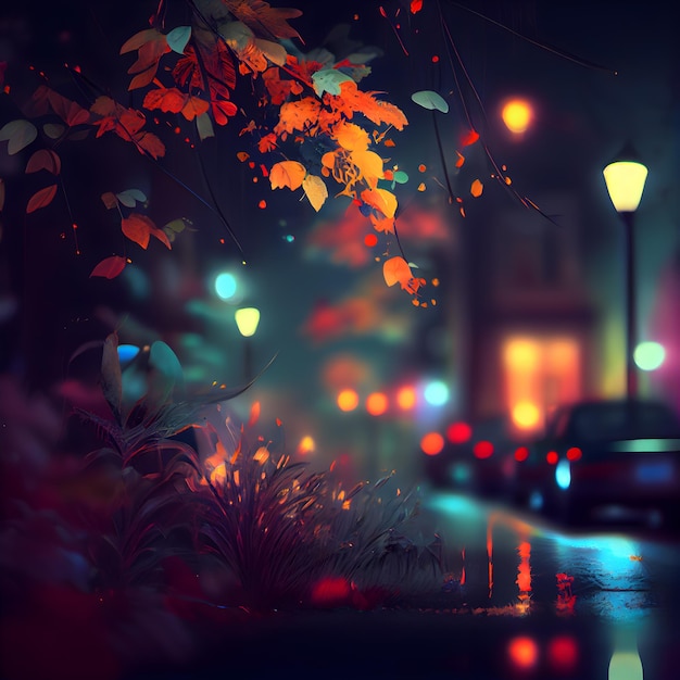 Night city street with trees lanterns and colorful bokeh