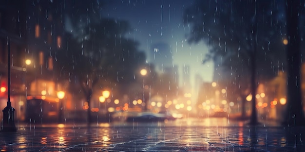 Night city town rain day blurred bokeh background cityscape decoration view scene