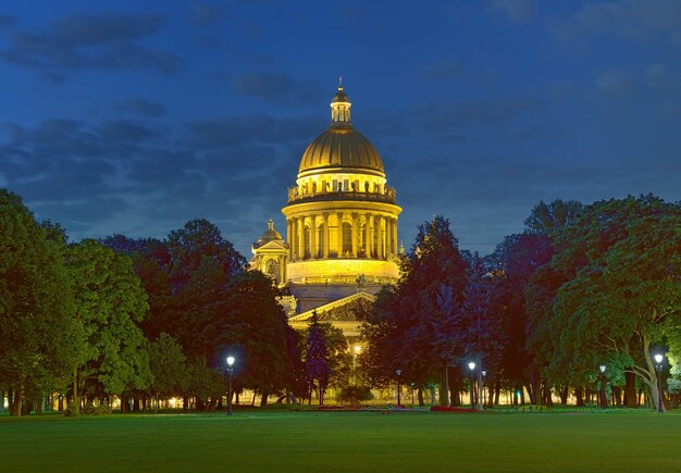 night city view of the dome of st isaacs cathedral in the night lights