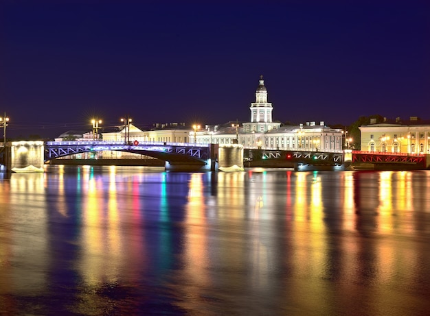 Night city View of the Trinity bridge and Peter and Paul Cathedral in the night lights