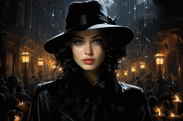 Night city where a woman with a largebrimmed hat